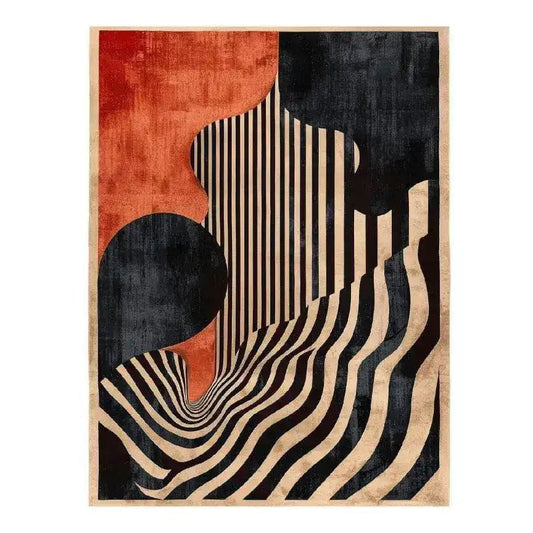 The Crimson Noir Classic Hand Tufted Rug features an abstract design with bold black and cream stripes that create a wave-like pattern, complemented by deep red and black circular forms. Perfect for adding a modern touch to your living room, this wool area rug blends art and functionality seamlessly.