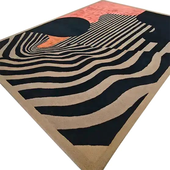 A contemporary wool area rug featuring bold black and beige stripes with a striking abstract design, perfect for adding a modern touch to bedrooms or dining rooms. Ideal for those seeking unique bedroom area rugs or dining room area rugs.
