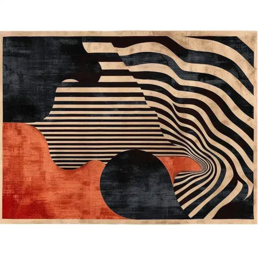 Top view of a Crimson Noir Classic Hand Tufted Area Rug featuring an abstract design with bold black and beige stripes and rich crimson accents. Perfect for contemporary settings, this wool rug enhances both bedroom and dining room spaces.