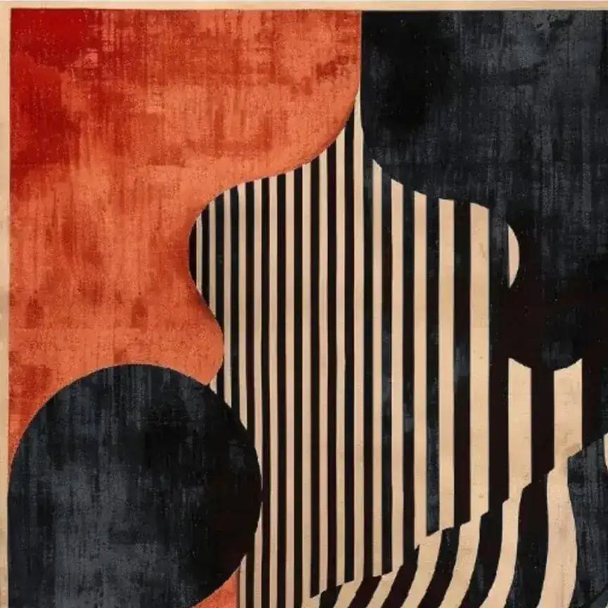 This image showcases a Crimson Noir Classic Hand Tufted Area Rug, featuring a striking abstract design with bold red and black hues. Ideal for adding a contemporary touch to your bedroom or dining room, this wool rug combines style and durability, making it a perfect choice for bedroom area rugs or dining room area rugs.