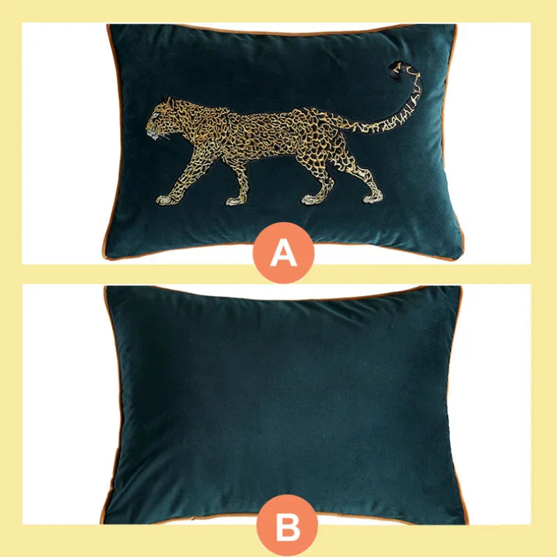 Rectangular embroidered leopard pillowcase with elegant design.