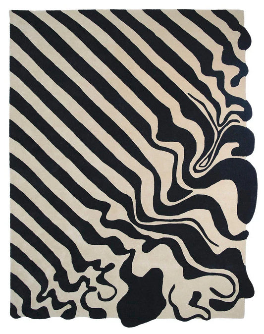 Luxury beige and black hand-tufted wool area rug with modern flow stripe design.