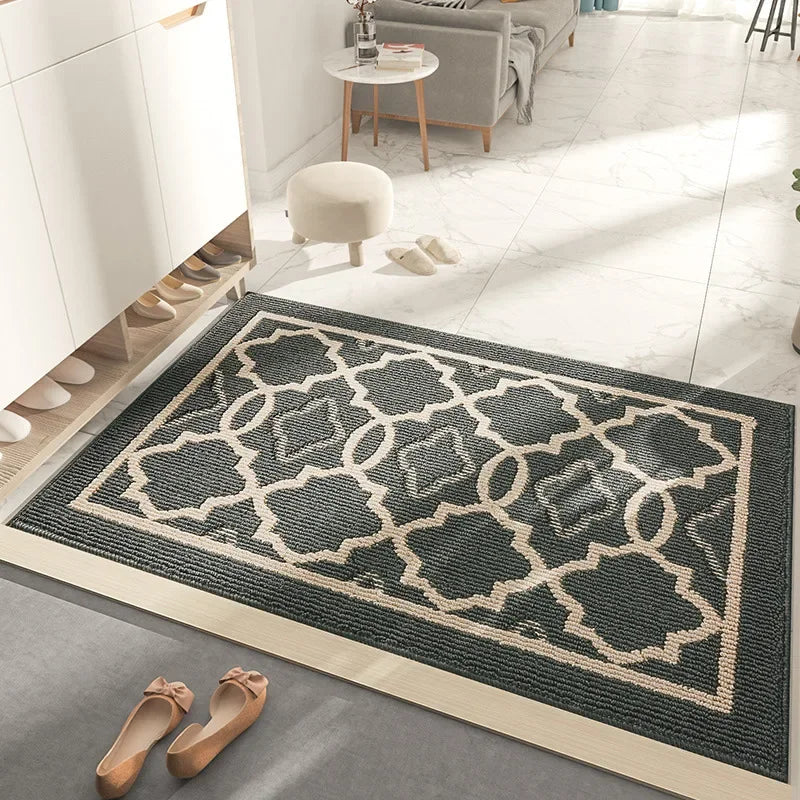 Geometric decorative floor mat for living space.