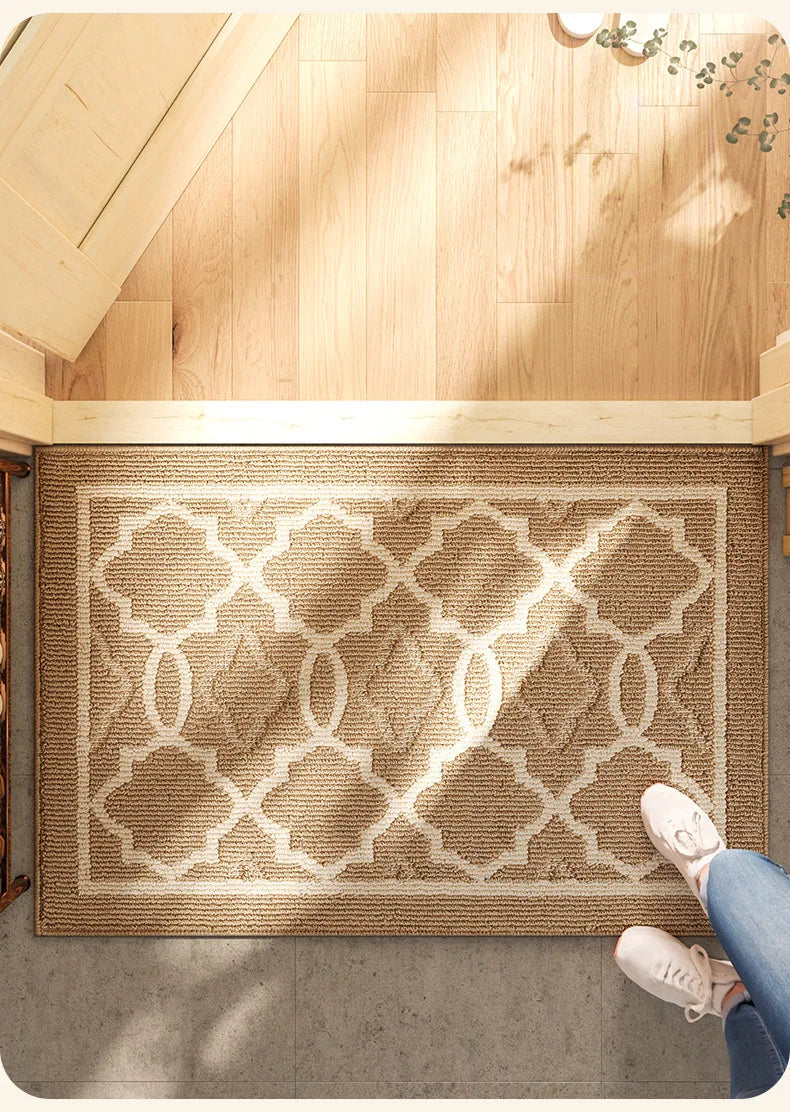 Geometric pattern area rug in khaki tone.