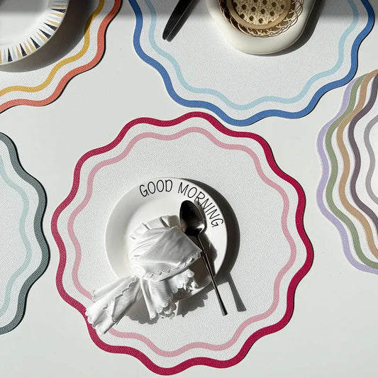 Eco-friendly heatproof faux leather placemat in wavy design.