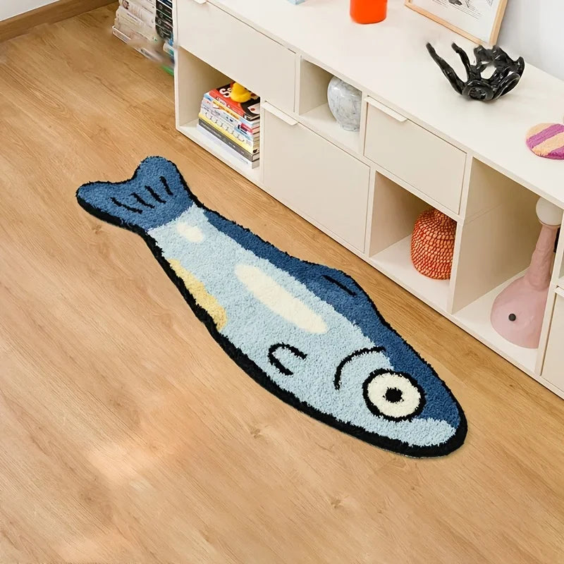 Fish-shaped blue washable rug on wooden floor