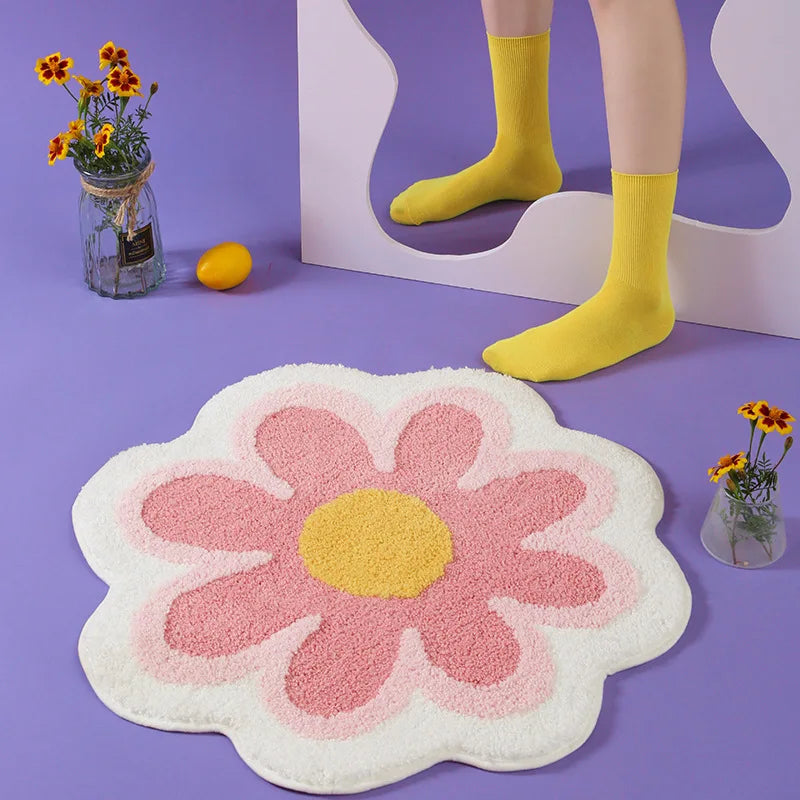 Machine washable wool flower mat with vibrant colors.