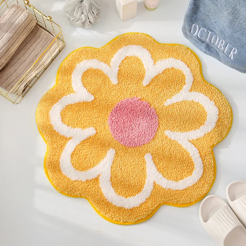 Yellow flower-shaped non-slip wool rug for bathroom decor.