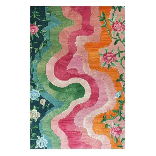 Vibrant Floral Wavefront Hand Tufted Area Rug featuring a dynamic wave pattern in shades of green, pink, and orange. This wool rug showcases elegant floral details, perfect for adding a splash of color to any living room or dining room space. Ideal for those searching for living room rugs 8x10 with a unique and artistic flair.