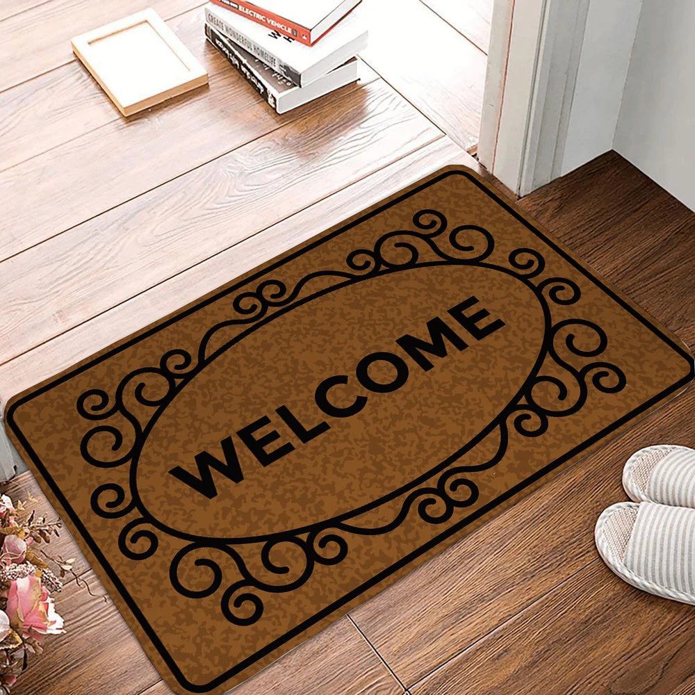 Modern flannel welcome mat with scroll design.