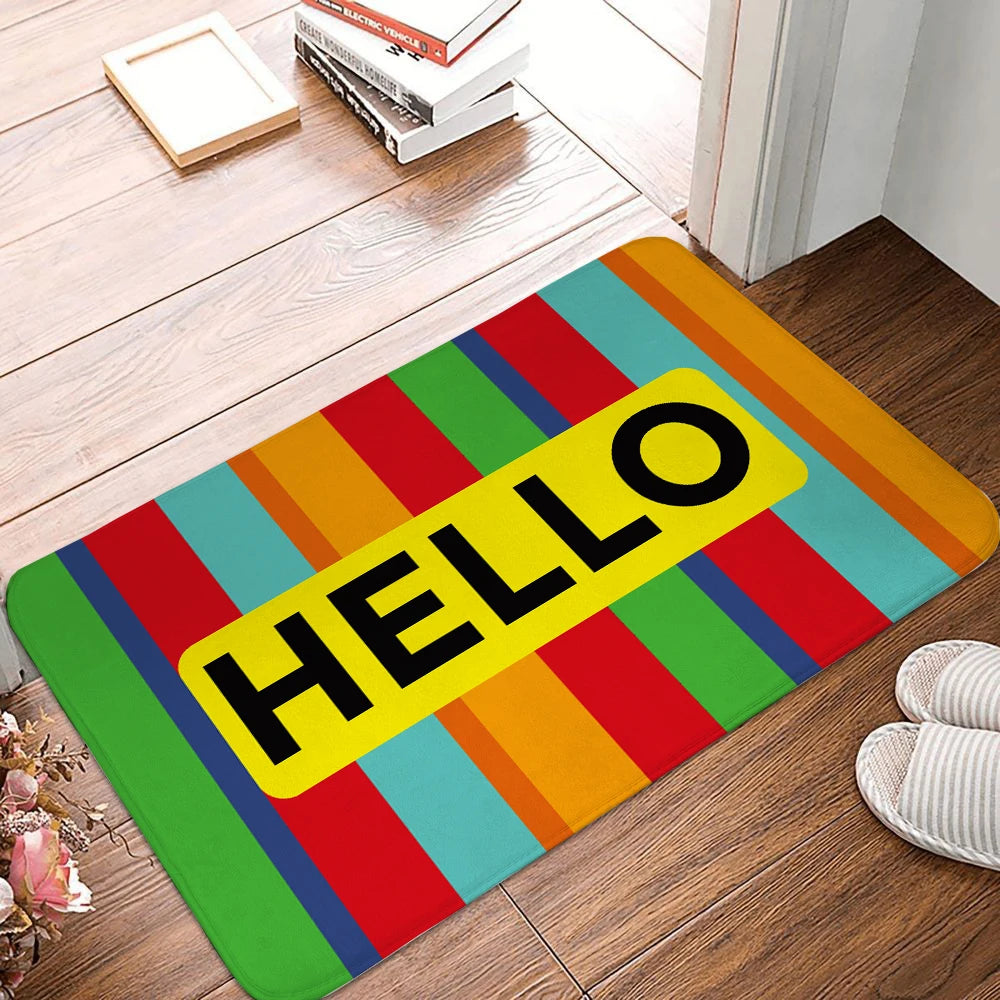 Colorful HELLO doormat for modern apartment entry.