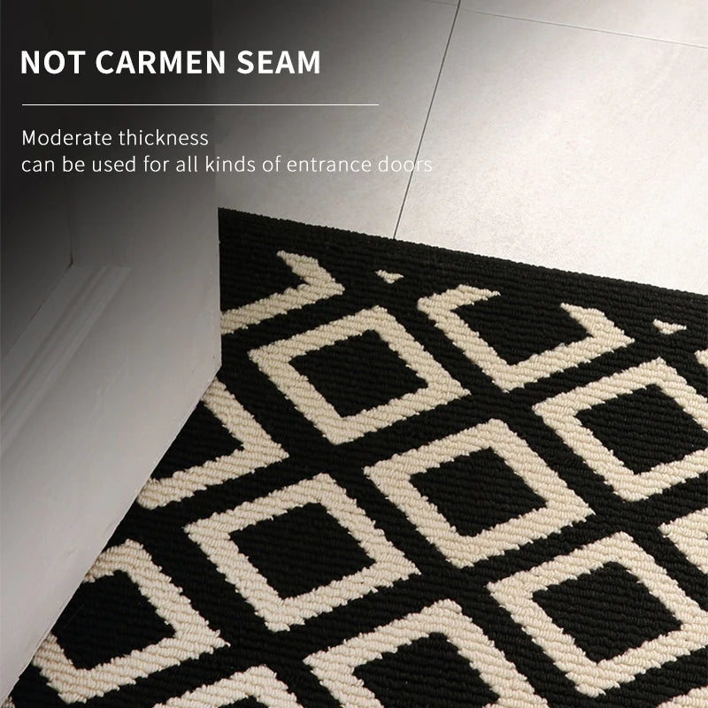 Black and beige checkered welcome mat.