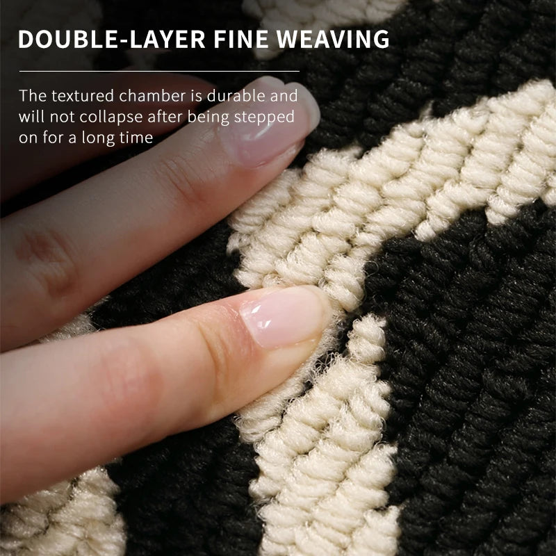 Soft polyester geometric floor mat for hallway.