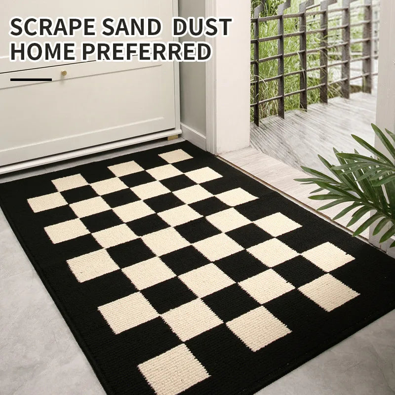 Contemporary indoor doormat with square pattern.
