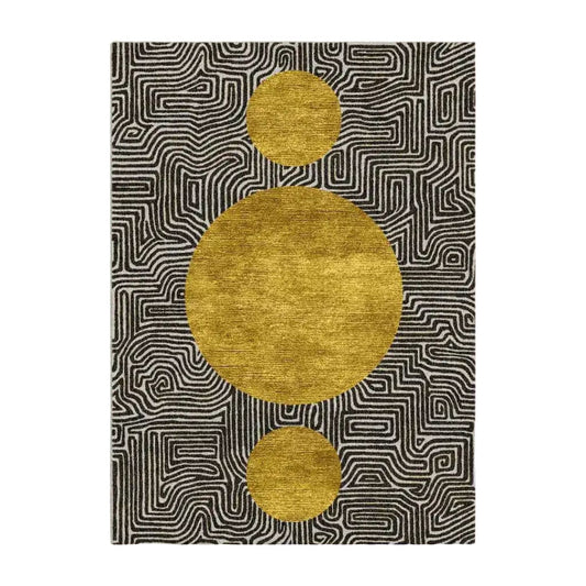 A stunning Three Golden Suns Maze Hand Tufted Wool Rug, perfect for adding a touch of elegance to any living room. This large area rug features an intricate black and white maze pattern with three striking golden circles, ideal for spaces requiring an 8x10 wool rug. A sophisticated choice for area rugs in the living room.