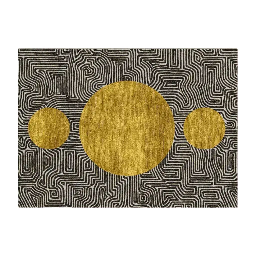 A stunning area rug featuring a hand-tufted wool design with three golden suns set against a maze-like black and white pattern. Perfect as a large area rug for a living room, this 8x10 rug combines modern artistry with cozy elegance, making it an ideal choice for enhancing your living space.