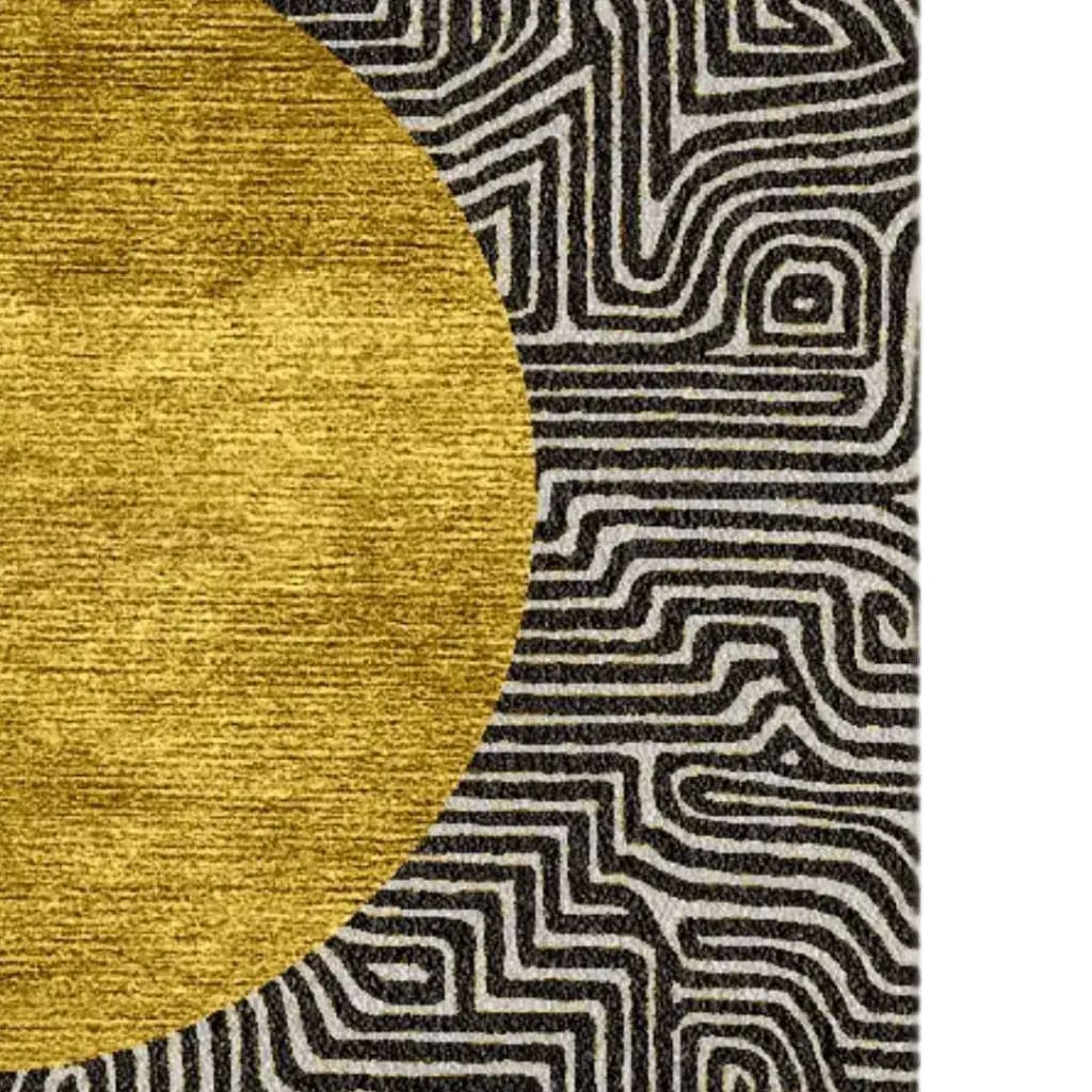 A close-up view of the Three Golden Suns Maze Hand Tufted Wool Rug, showcasing its intricate maze pattern and striking golden sun design. This large area rug is perfect for adding a touch of elegance to a living room. Ideal for those seeking stylish living room rugs 8x10, this wool rug combines both art and comfort.