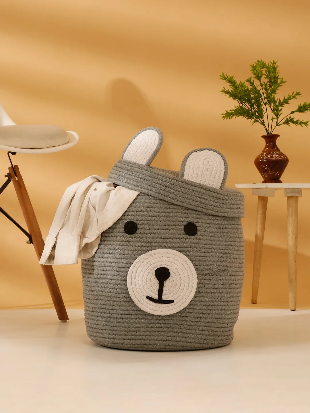 Handwoven jute cotton gray bear laundry basket