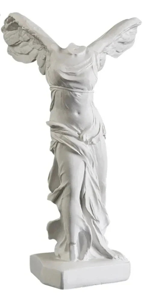 White Greek Victory Goddess statue with angel wings.