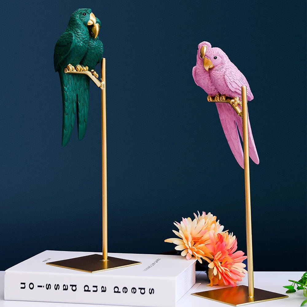Pink and green parrot desk décor handmade resin figurines.