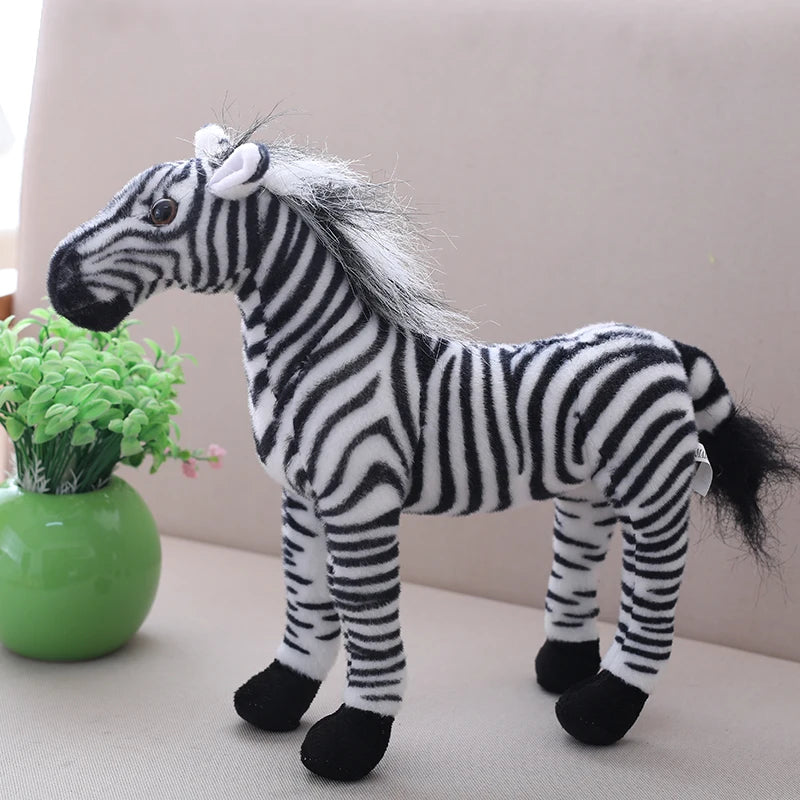 Lifelike zebra plush toy with detailed markings.