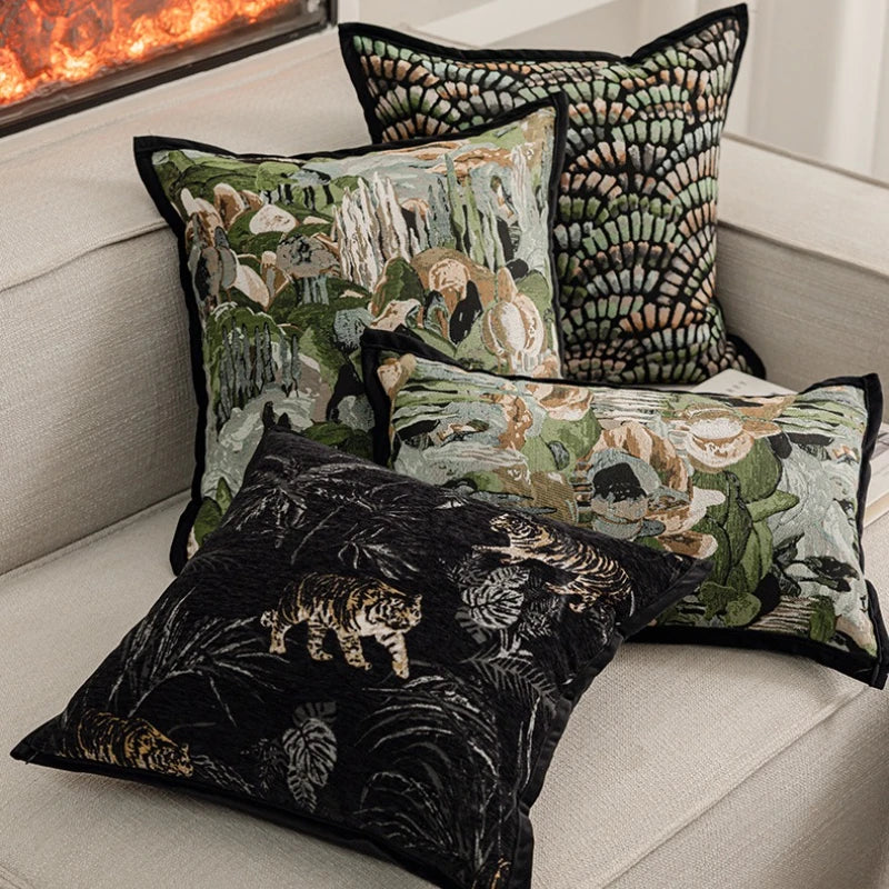Artistic tropical forest pillowcase in textured weave.