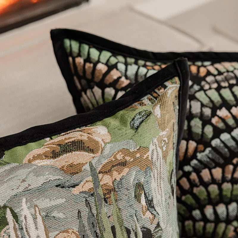 Modern jacquard forest mosaic pillow for sofa styling.