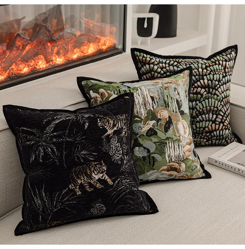 Black and gold jungle theme decorative pillow cover.