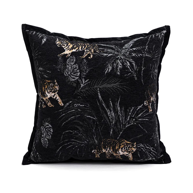 Italian luxury jacquard cushion cover with black jungle tiger design.