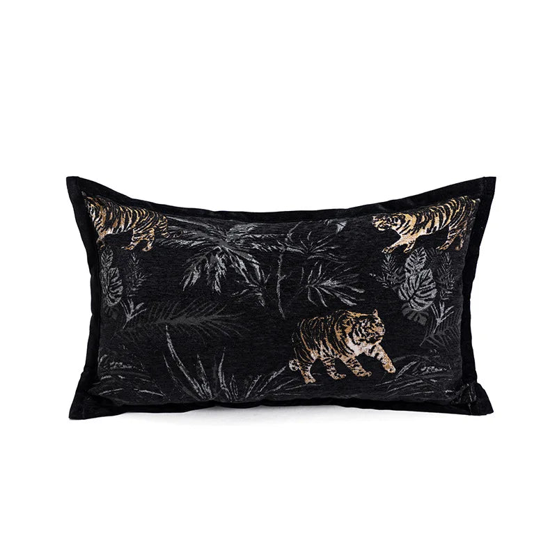 Luxury Italian jacquard sofa pillow with tiger motif.