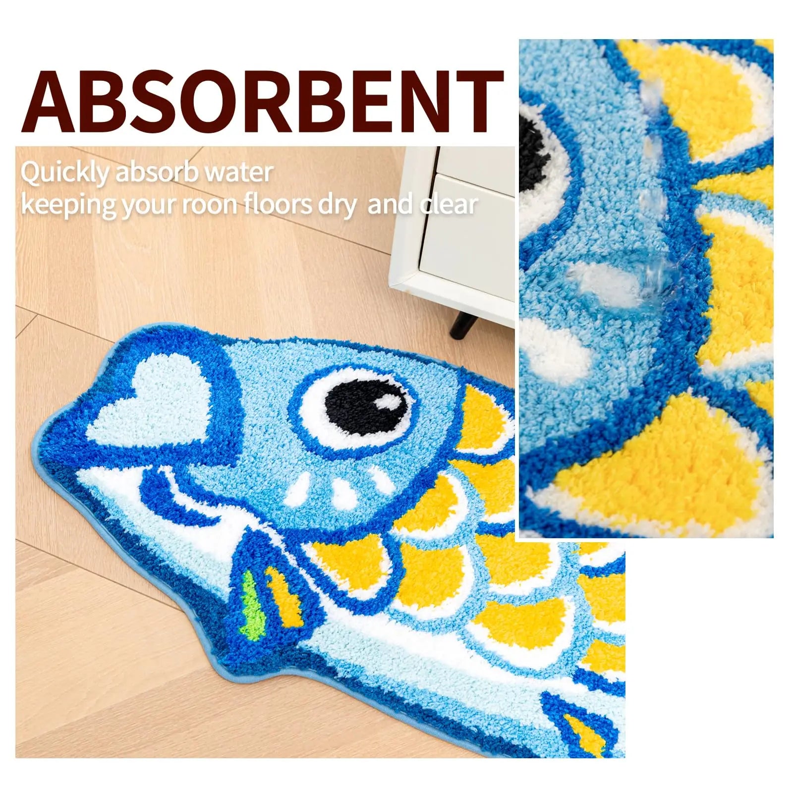 Cute fish bath mat under vanity sink area
