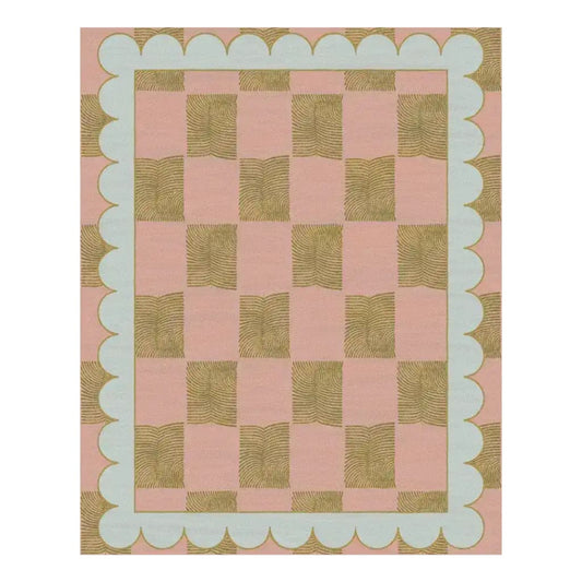 This charming Leaf Checker Scallop Pastel Hand Tufted Area Rug features a playful checkerboard pattern in soft pink and gold hues, ideal for adding a boho touch to your dining room or living space. The wool rug's scalloped edges bring a unique flair to large area rugs, perfect for both formal dining room settings and casual living room and dining room rugs.