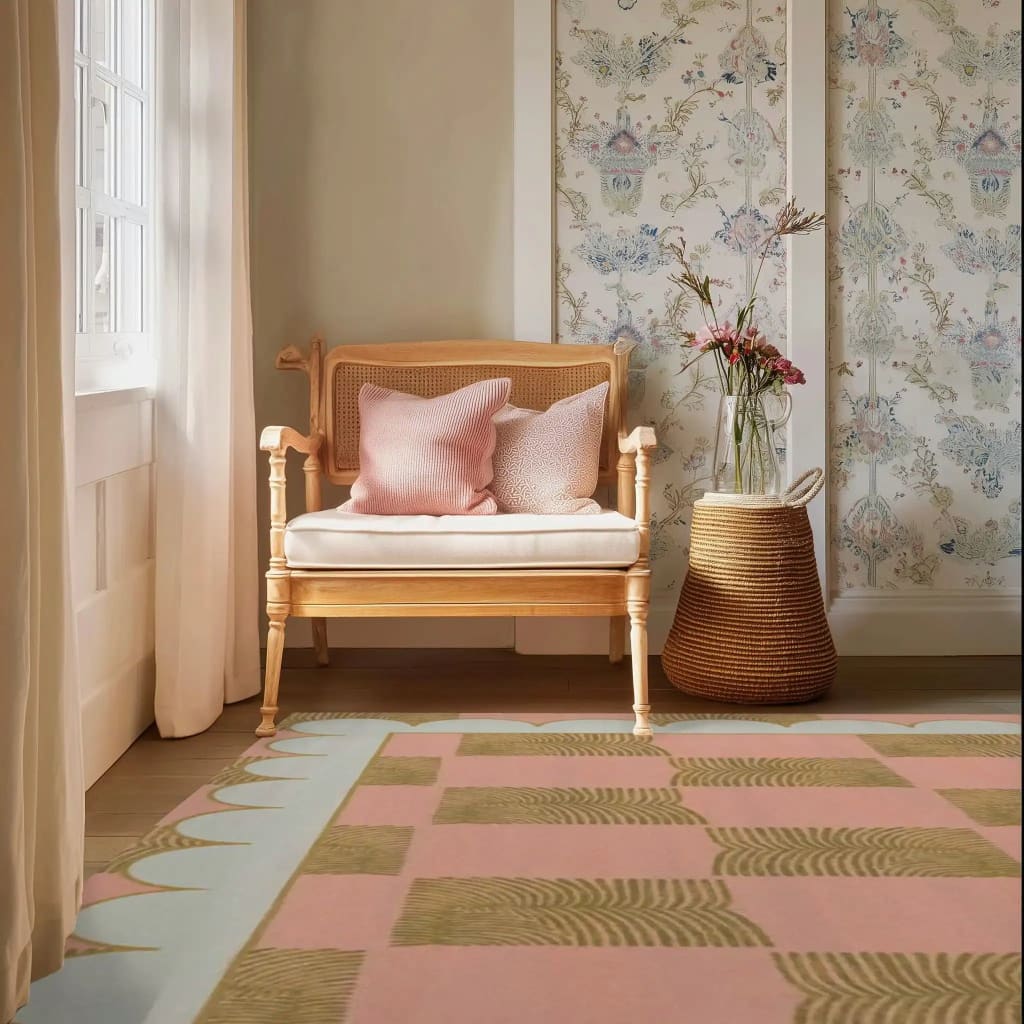 A beautifully styled living room featuring a Leaf Checker Scallop Pastel Hand Tufted Area Rug. This wool rug adds a boho charm with its pastel colors and unique pattern, perfect for both formal dining rooms and cozy living spaces. The soft textures complement the elegant wicker chair and floral wallpaper, creating a harmonious dining room setting.