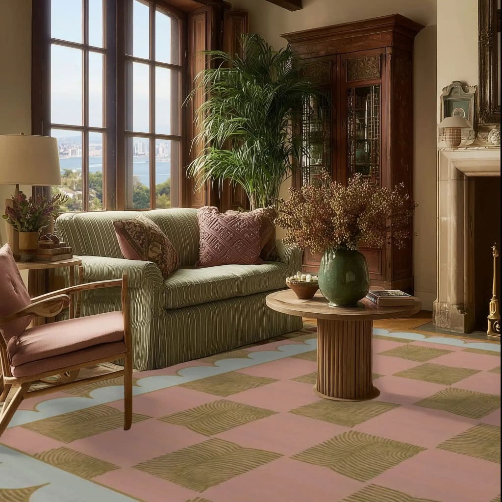 Charming living room featuring a Leaf Checker Scallop Pastel Hand Tufted Area Rug with a checkered pattern, adding a boho touch to the space. The wool rug's soft pastel hues complement the elegant furniture, creating a cozy atmosphere perfect for both living and dining room settings.