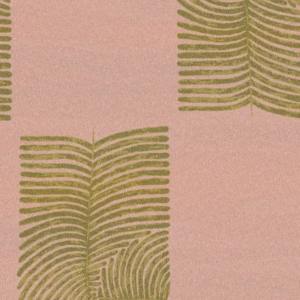 Close-up view of the Leaf Checker Scallop Pastel Hand Tufted Area Rug, showcasing intricate green leaf patterns on a soft pink background. Ideal for adding a touch of boho style to your dining room, this wool rug is perfect for large area settings and complements both formal and casual dining room decor.