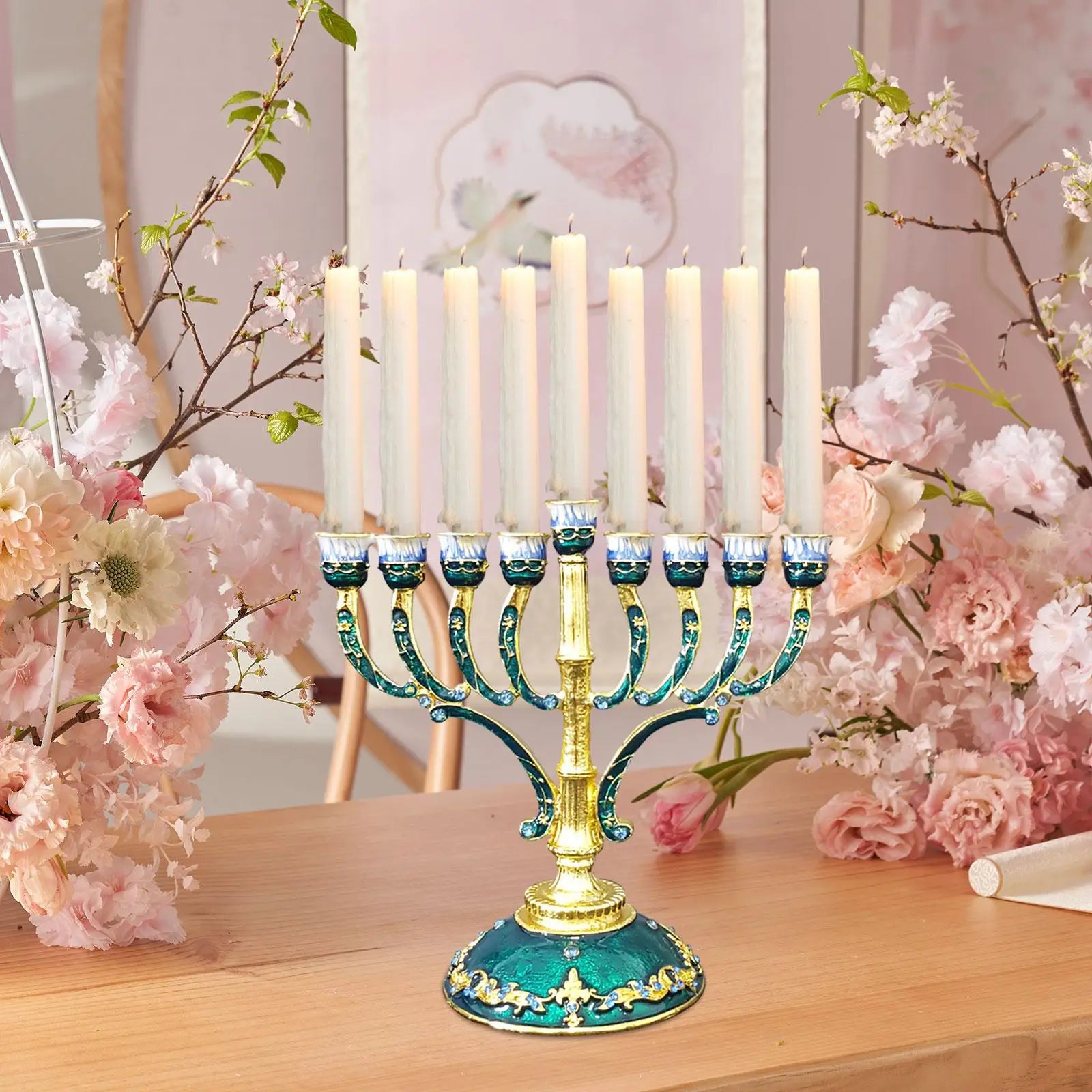 Luxury 9-arm metal candelabra candle holder for elegant table decor.