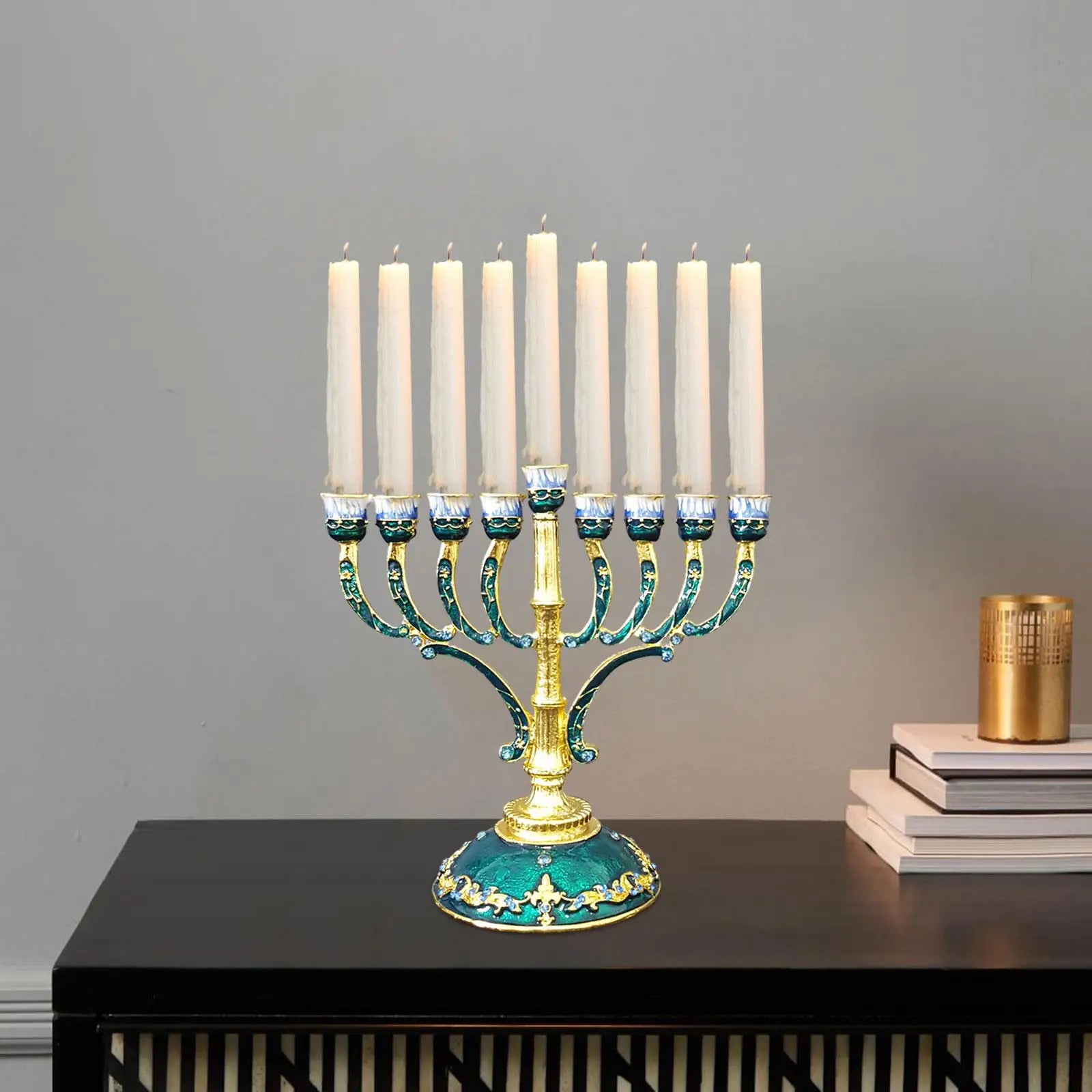 Classic gold and green enamel taper candle holder centerpiece.