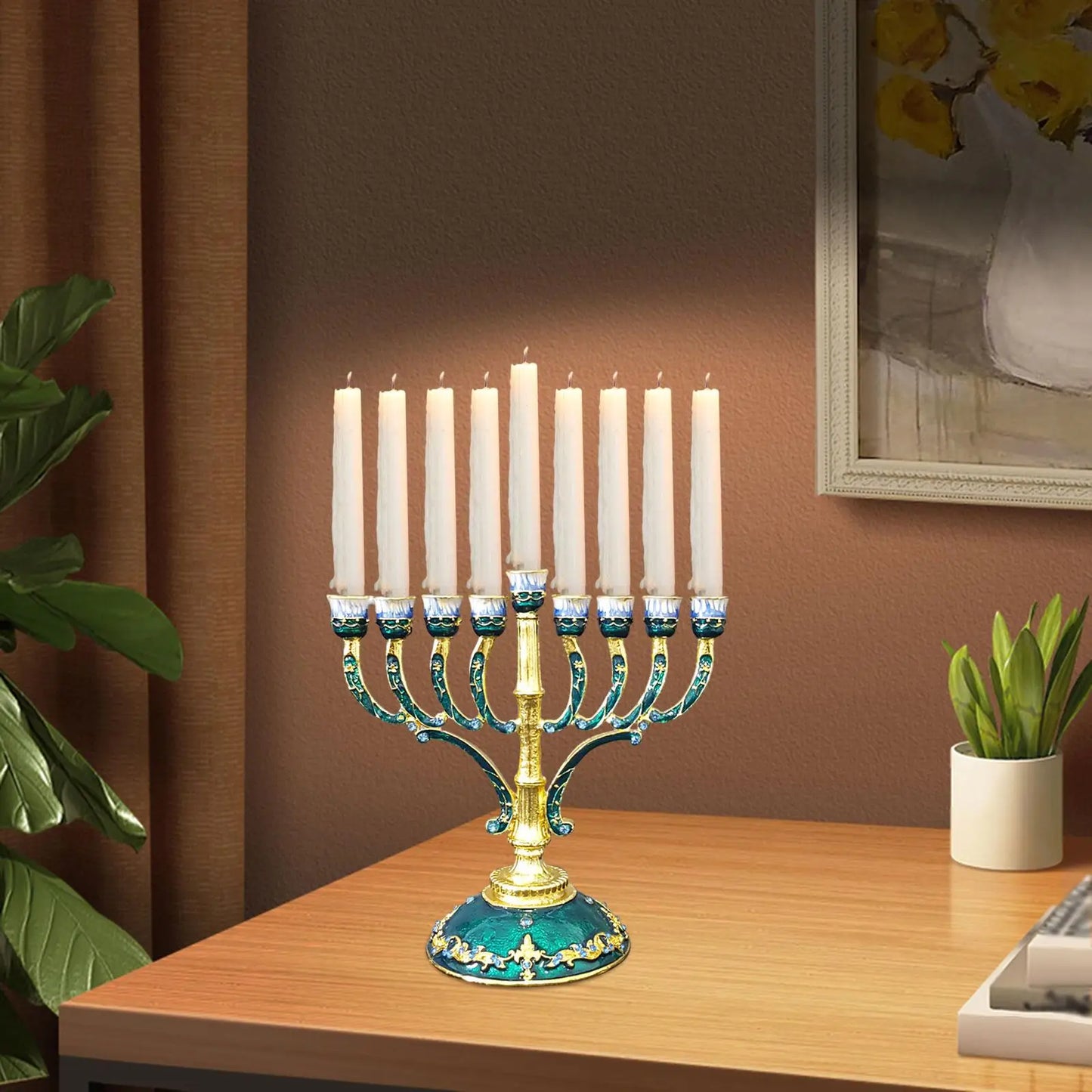 Traditional metal candelabra with decorative enamel base.