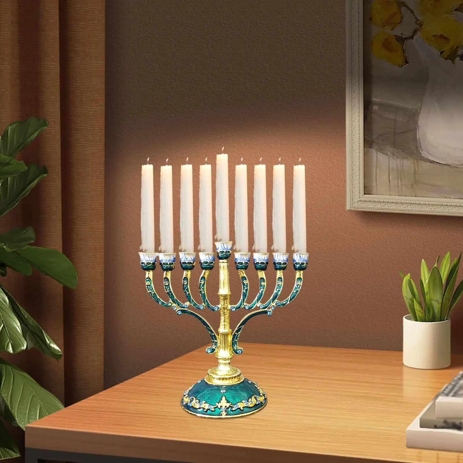 Traditional metal candelabra with decorative enamel base.