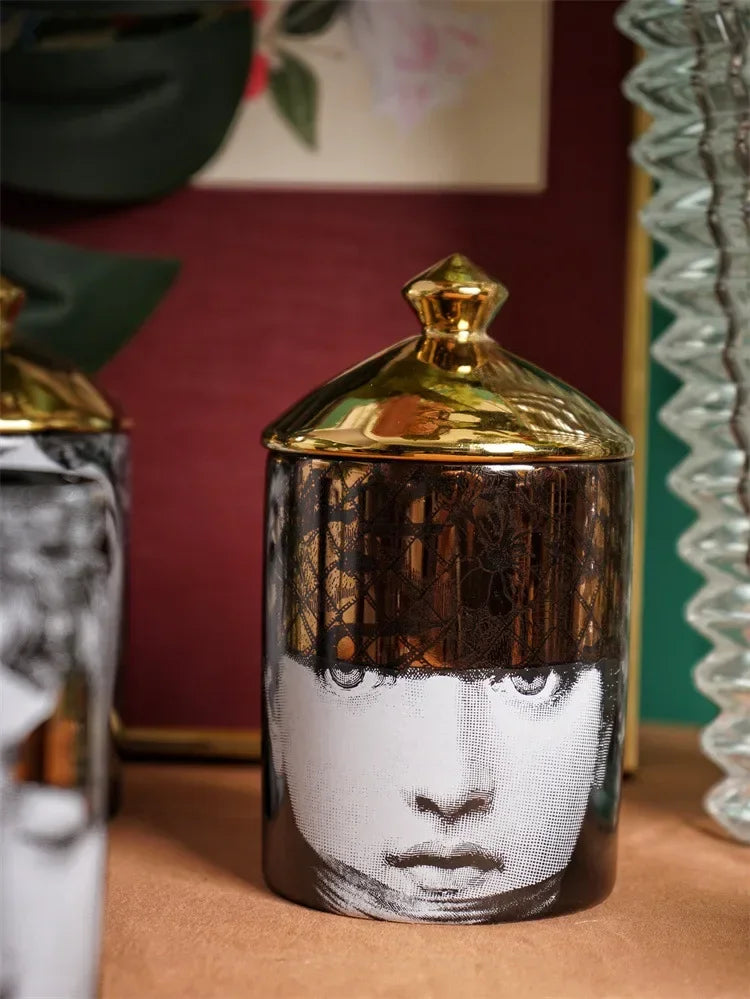 Luxury golden face ceramic candle holder with lid.