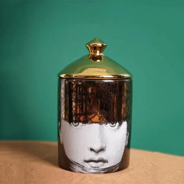 Golden lace mask ceramic jar with luxury detailing.