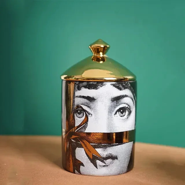 Modern gold ribbon face ceramic candle cup.