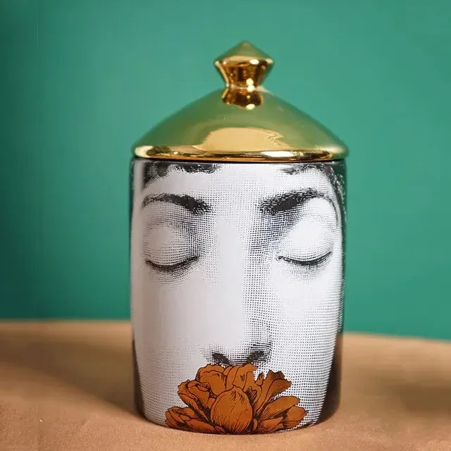 Golden bloom face ceramic décor jar for living rooms.