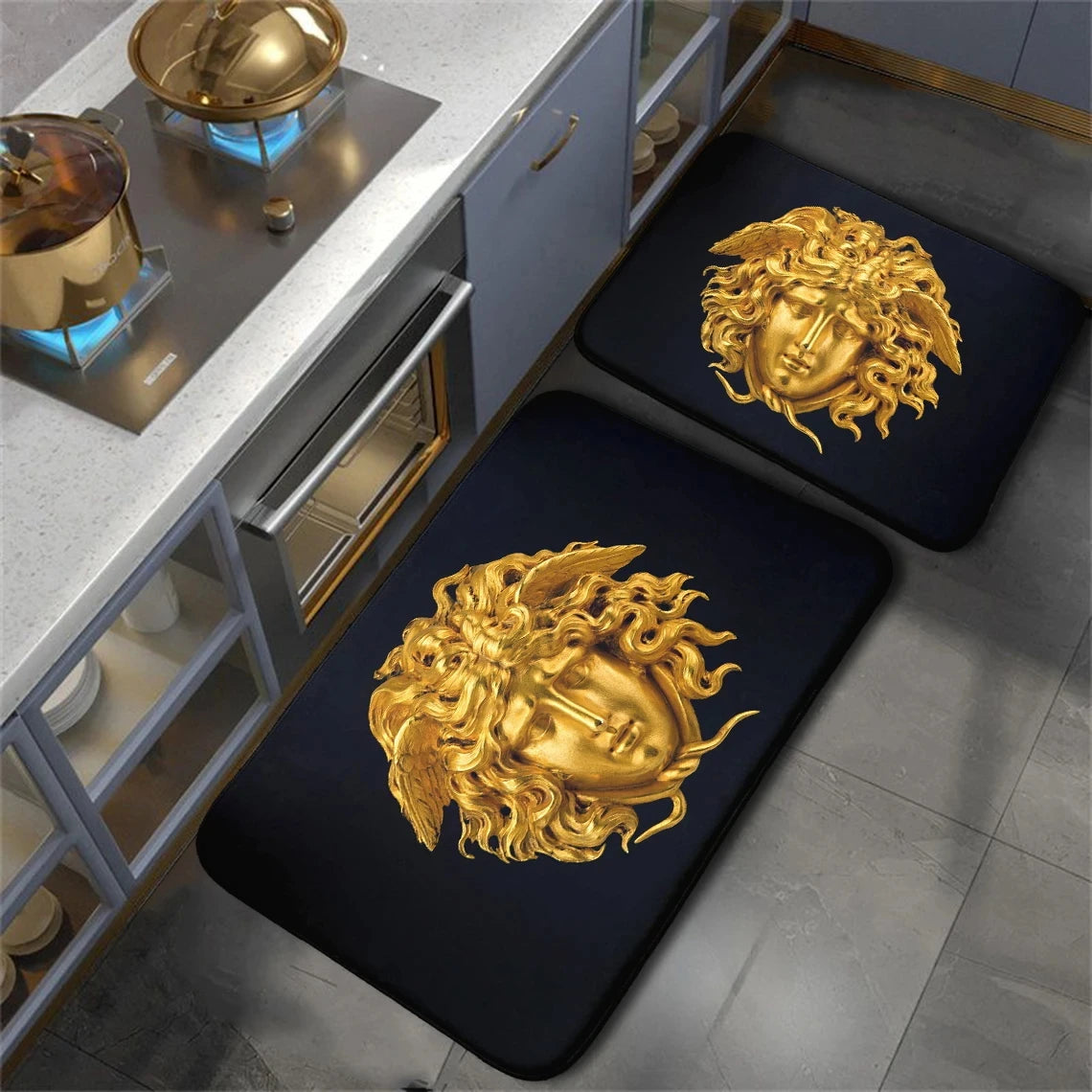 Elegant modern hallway mat with gold Medusa artwork.
