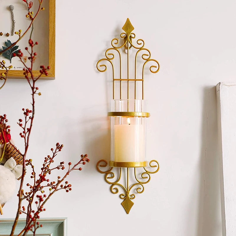 Elegant gold metal wall sconce candle holder for living room.