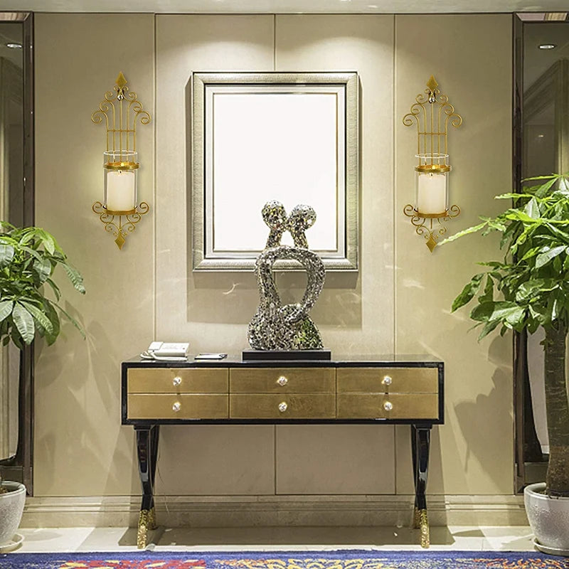 Vintage alloy candle holder with glass cup for wall décor.