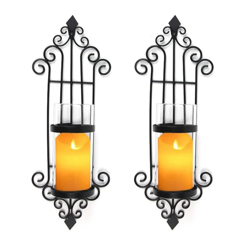 Luxury wall mounted candle holder pair in black metal design.
