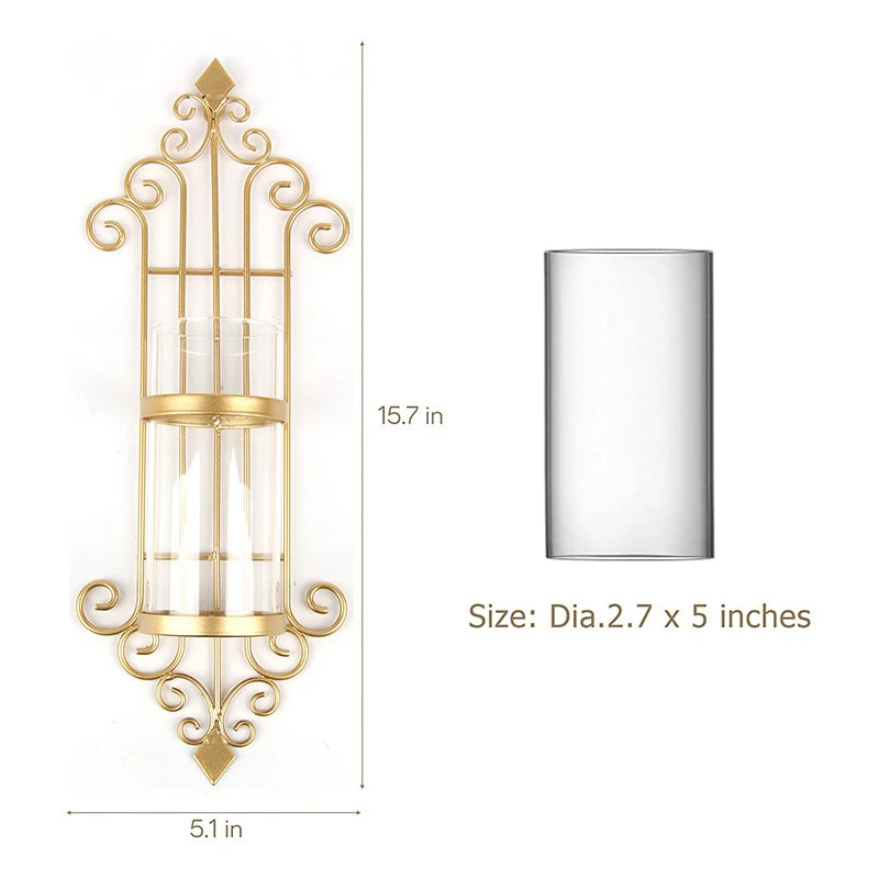 Antique style metal wall candle holders with scroll design.