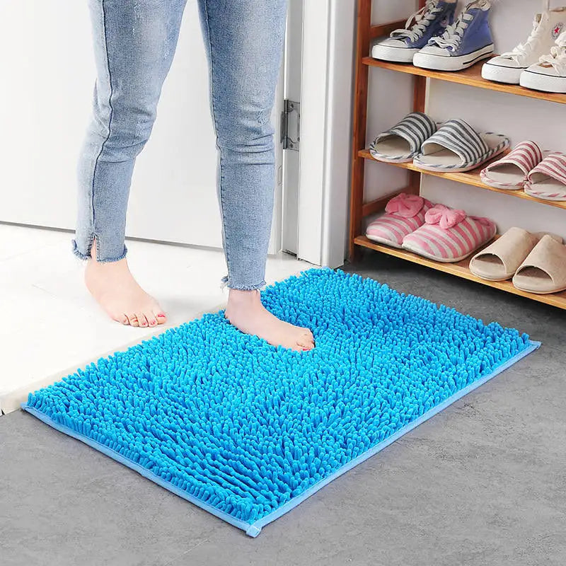 Lake blue plush bath mat for modern bathrooms.