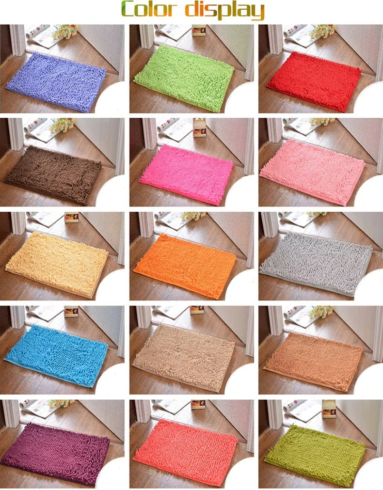 Multi-color absorbent bath mats for bathroom interiors.